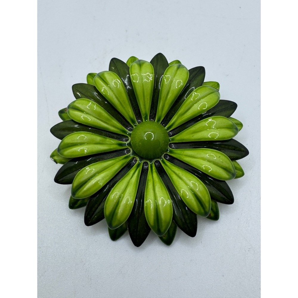 Vintage Green Enamel Flower Brooch Retro 60s Layered Daisy Pin Statement Jewelry